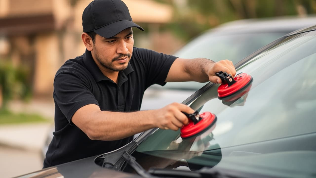 Technician installing a windshield with suction cups