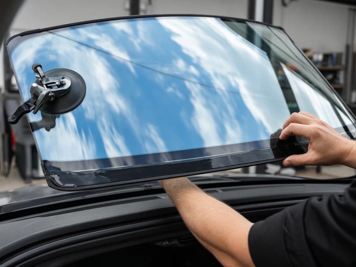 Newly installed automotive windshield reflecting the sky