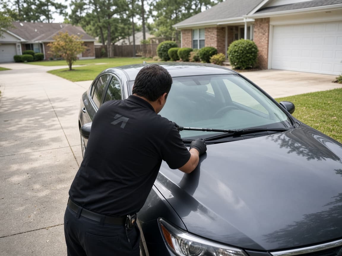 Mobile auto glass service at a customer driveway